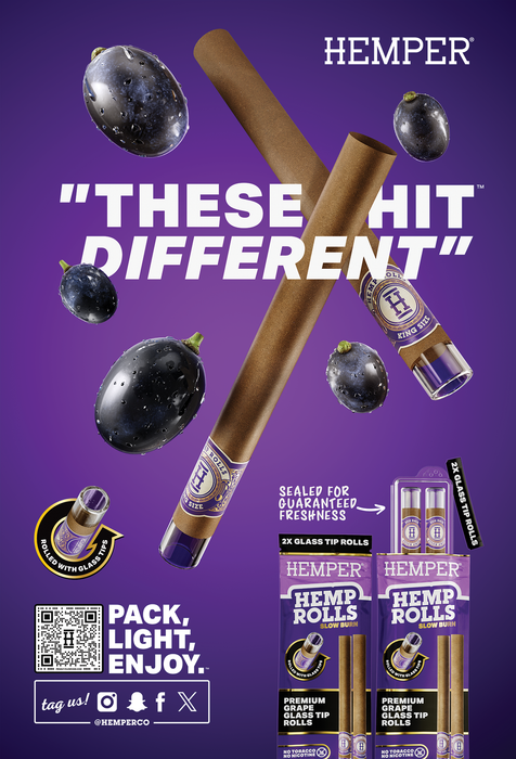 Hemper Market Advertising - Hemp Combustibles Palm Card - Grape Rolls