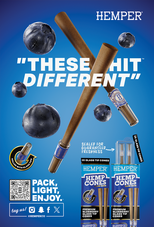 Hemper Market Advertising - Hemp Combustibles Palm Card - Blueberry Cones