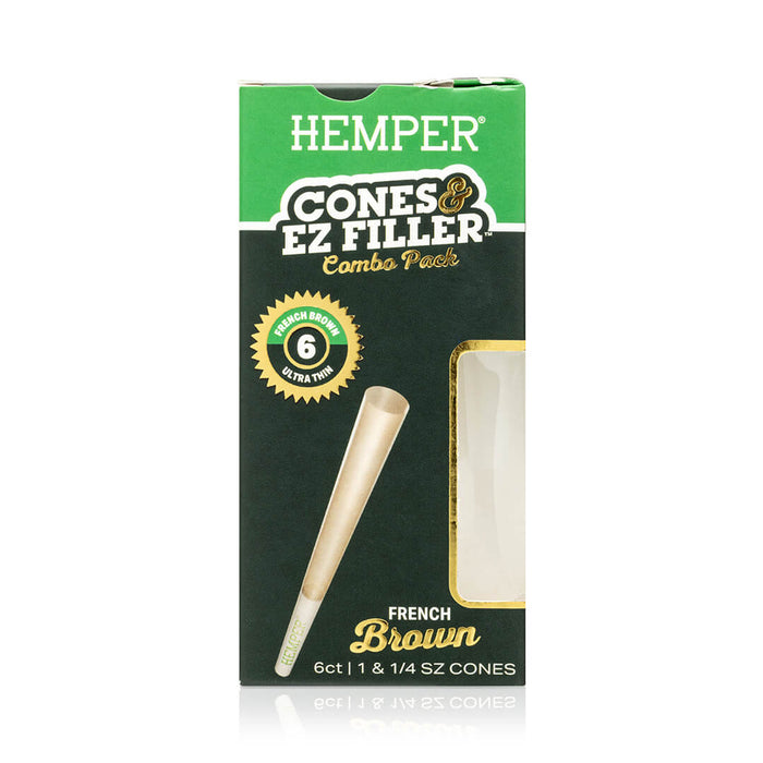 Display - Hemper Ultra Thin Cones & Ez Filler  - Natural Brown 1 1/4 Size 6 Pack
