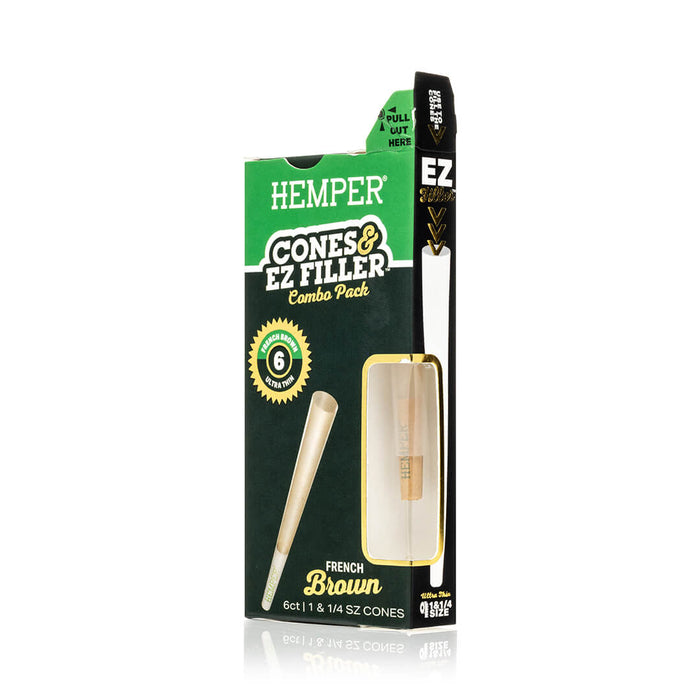 Display - Hemper Ultra Thin Cones & Ez Filler  - Natural Brown 1 1/4 Size 6 Pack