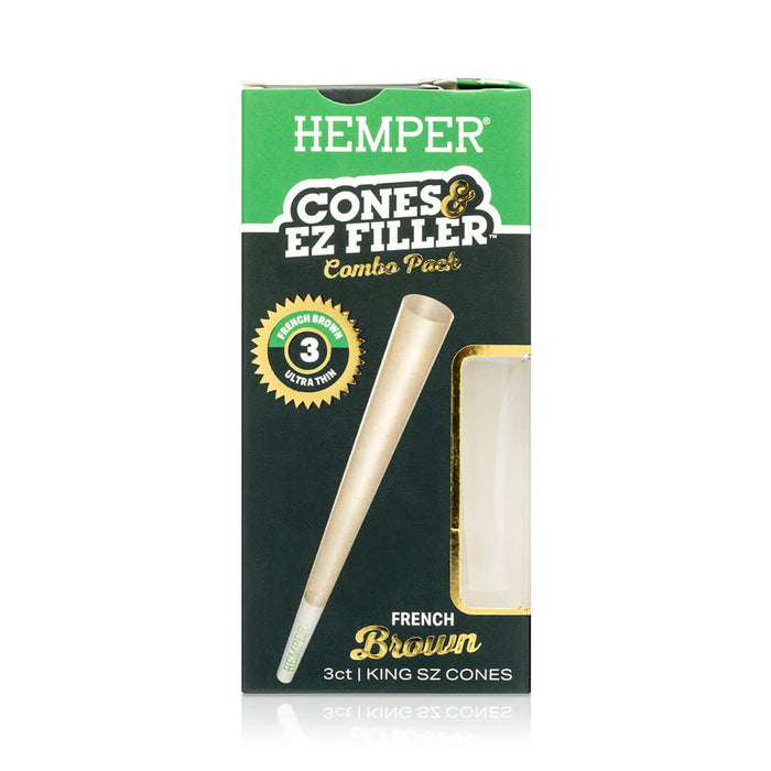 Display - Hemper Ultra Thin Cones & Ez Filler  - Natural Brown King Size 3 Pack