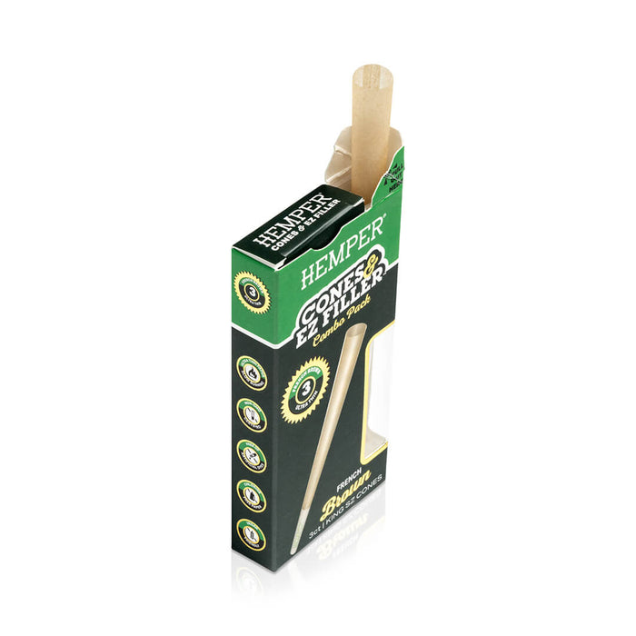 Display - Hemper Ultra Thin Cones & Ez Filler  - Natural Brown King Size 3 Pack
