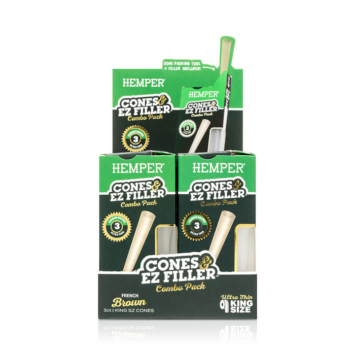 Display - Hemper Ultra Thin Cones & Ez Filler  - Natural Brown King Size 3 Pack