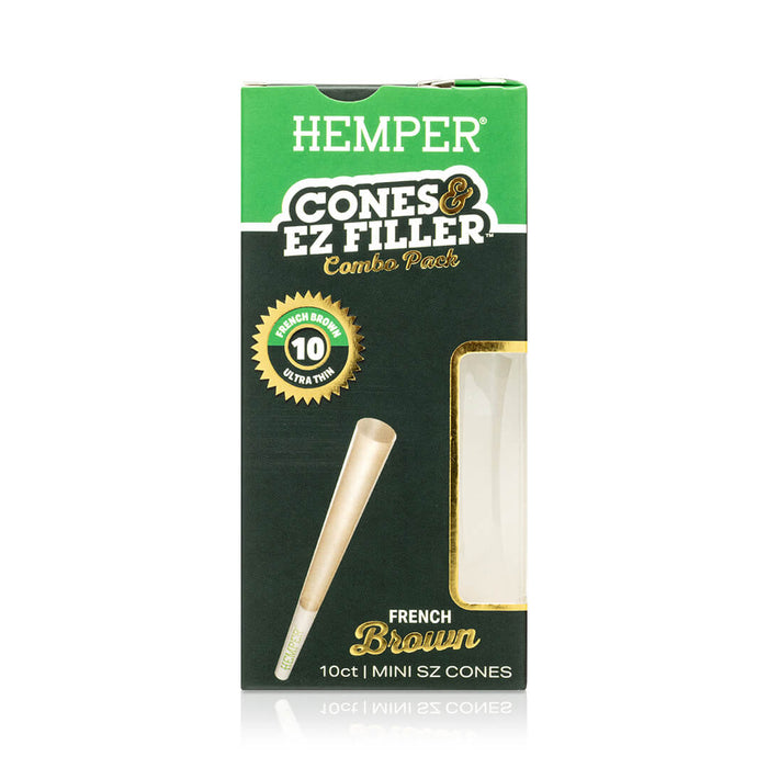 Display - Hemper Ultra Thin Cones & Ez Filler  - Natural Brown Mini Size 10 Pack
