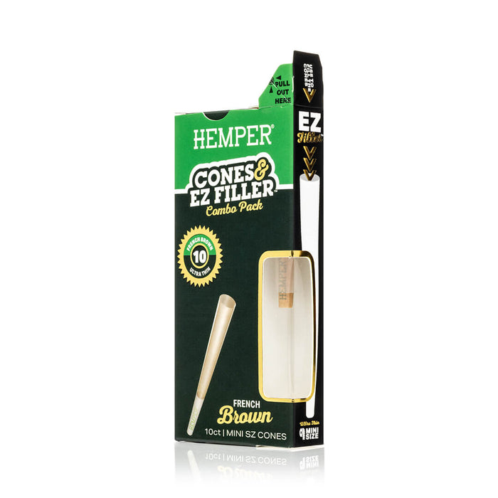 Display - Hemper Ultra Thin Cones & Ez Filler  - Natural Brown Mini Size 10 Pack