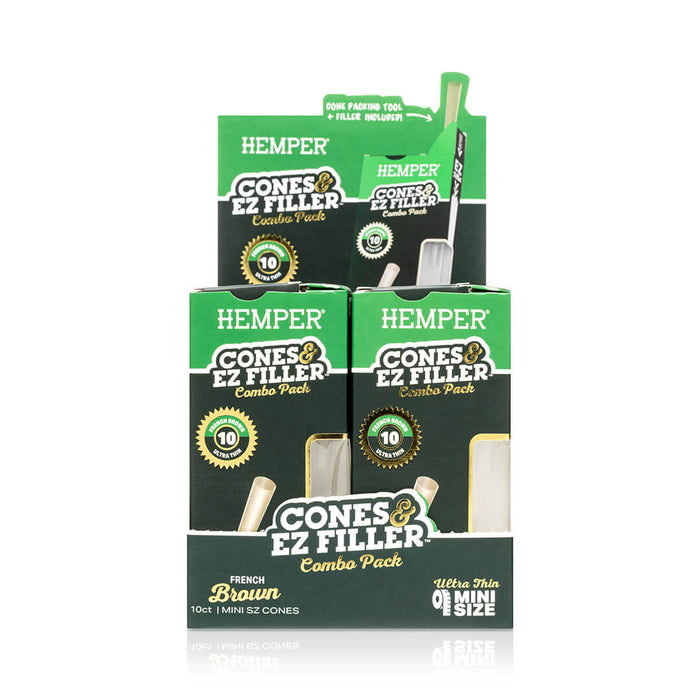 Display - Hemper Ultra Thin Cones & Ez Filler  - Natural Brown Mini Size 10 Pack