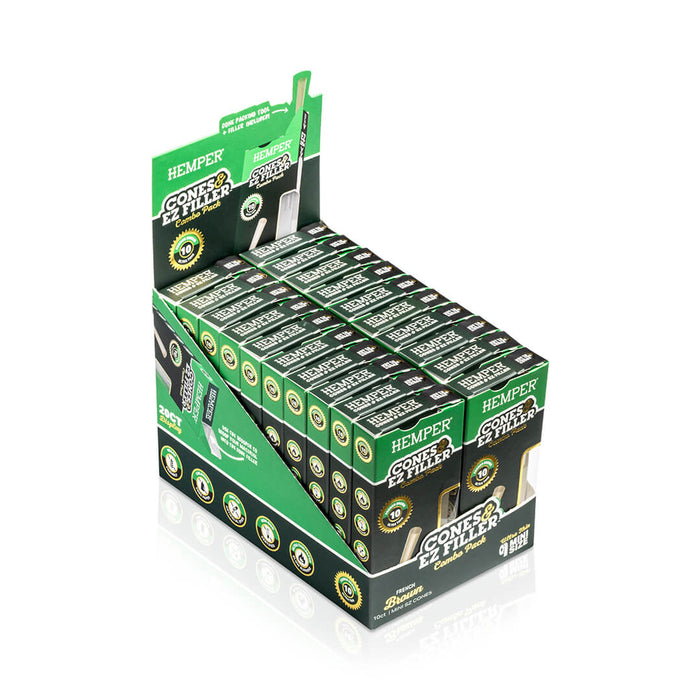 Display - Hemper Ultra Thin Cones & Ez Filler  - Natural Brown Mini Size 10 Pack