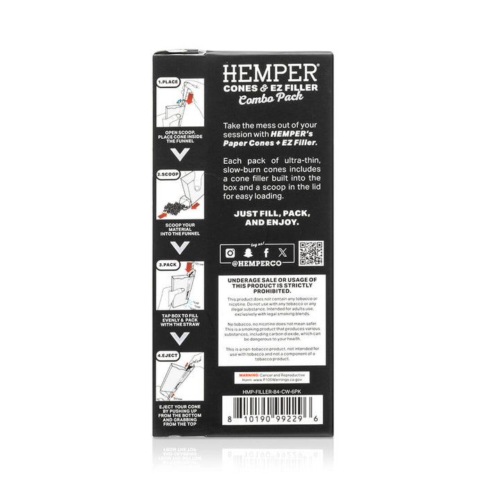 Display - Hemper Ultra Thin Cones & Ez Filler  - Classic White 1 1/4 Size 6 Pack