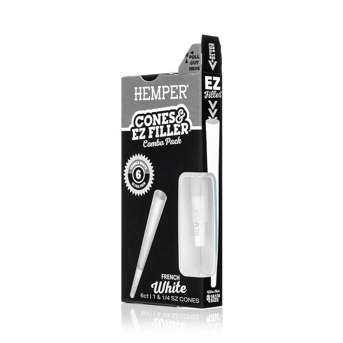 Display - Hemper Ultra Thin Cones & Ez Filler  - Classic White 1 1/4 Size 6 Pack