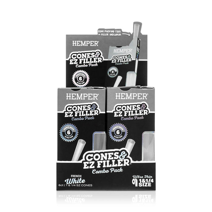 Display - Hemper Ultra Thin Cones & Ez Filler  - Classic White 1 1/4 Size 6 Pack