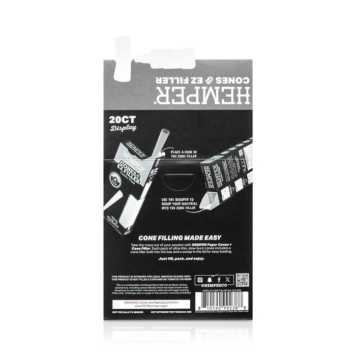 Display - Hemper Ultra Thin Cones & Ez Filler  - Classic White 1 1/4 Size 6 Pack
