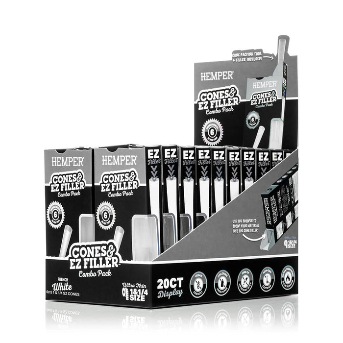Display - Hemper Ultra Thin Cones & Ez Filler  - Classic White 1 1/4 Size 6 Pack