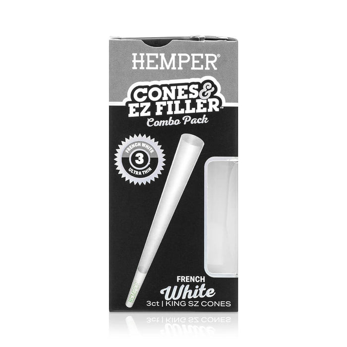 Display - Hemper Ultra Thin Cones & Ez Filler  - Classic White King Size 3 Pack