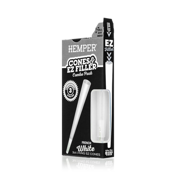 Display - Hemper Ultra Thin Cones & Ez Filler  - Classic White King Size 3 Pack