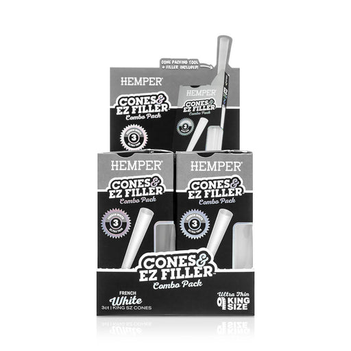 Display - Hemper Ultra Thin Cones & Ez Filler  - Classic White King Size 3 Pack