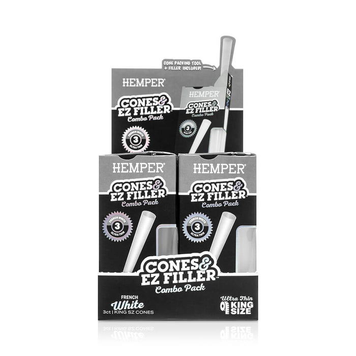 Display - Hemper Ultra Thin Cones & Ez Filler  - Classic White King Size 3 Pack