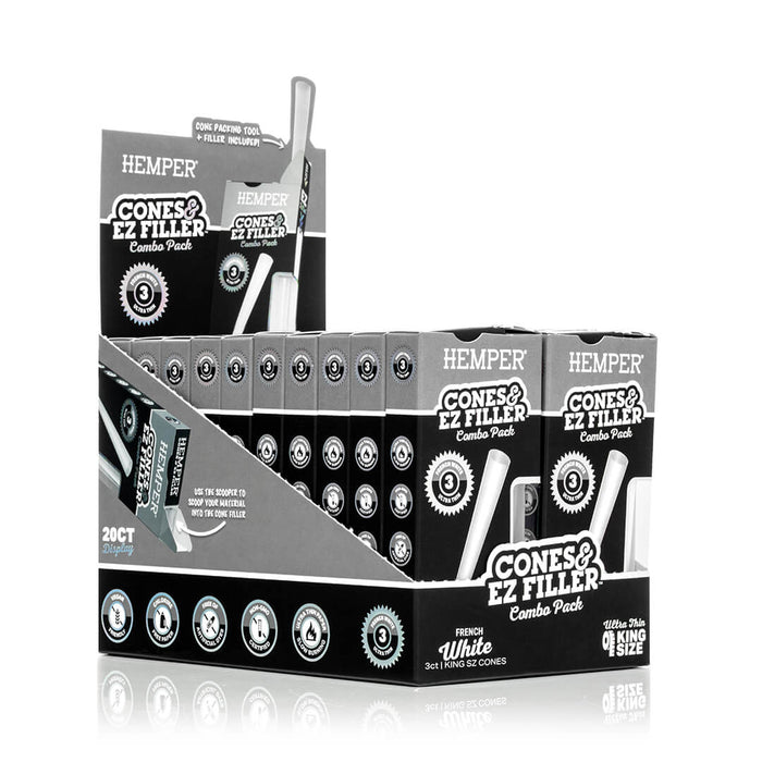 Display - Hemper Ultra Thin Cones & Ez Filler  - Classic White King Size 3 Pack