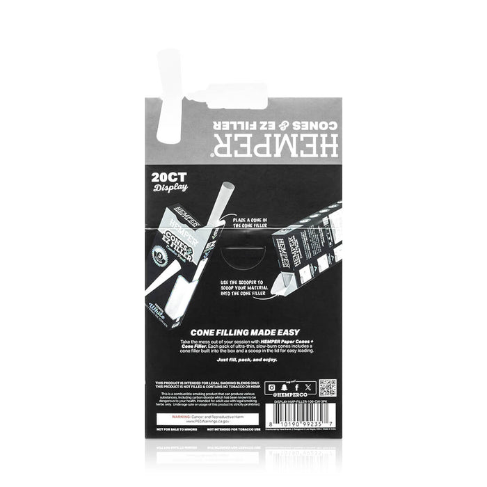 Display - Hemper Ultra Thin Cones & Ez Filler  - Classic White King Size 3 Pack