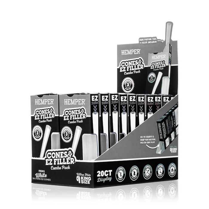 Display - Hemper Ultra Thin Cones & Ez Filler  - Classic White King Size 3 Pack
