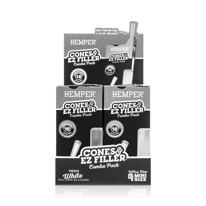 Display - Hemper Ultra Thin Cones & Ez Filler  - Classic White Mini Size 10 Pack