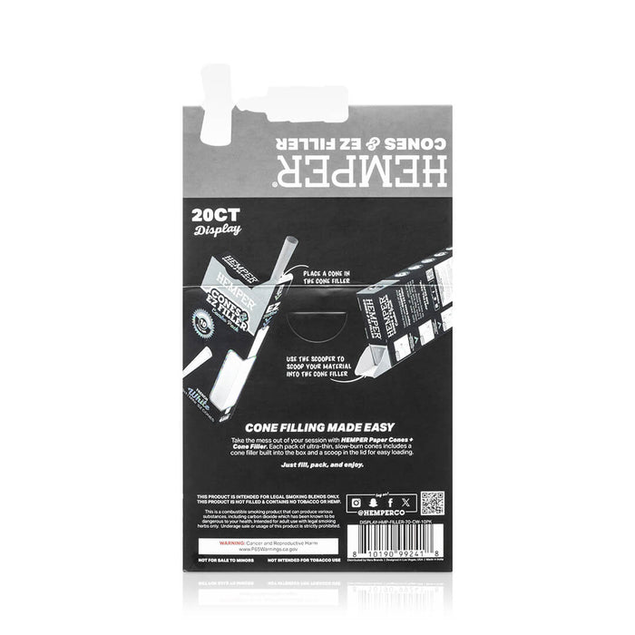 Display - Hemper Ultra Thin Cones & Ez Filler  - Classic White Mini Size 10 Pack