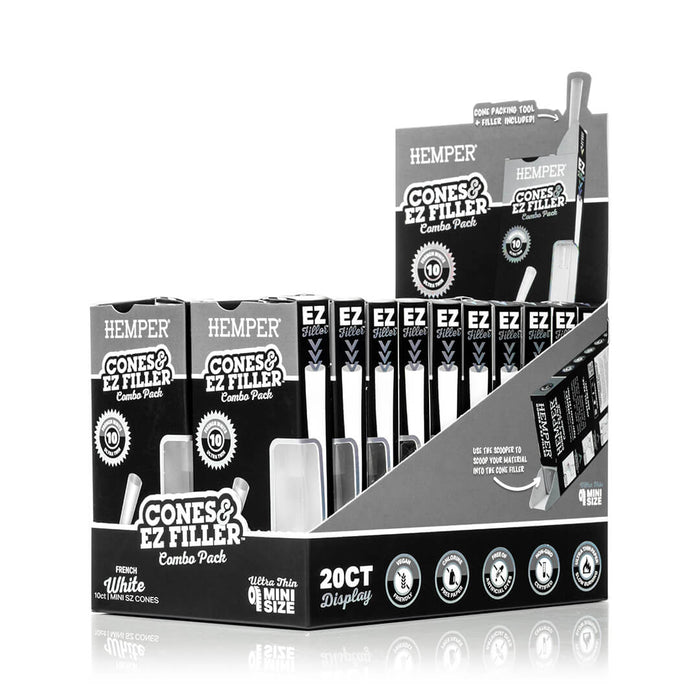 Display - Hemper Ultra Thin Cones & Ez Filler  - Classic White Mini Size 10 Pack