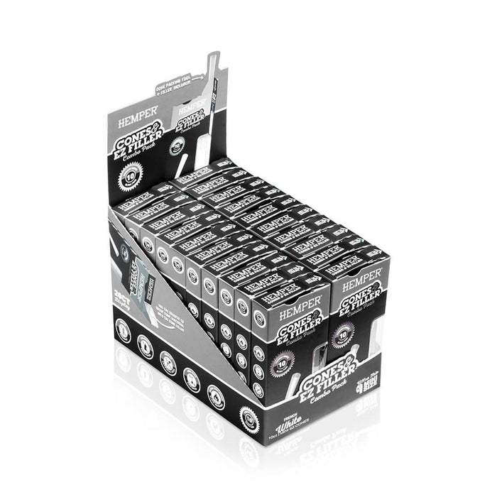Display - Hemper Ultra Thin Cones & Ez Filler  - Classic White Mini Size 10 Pack